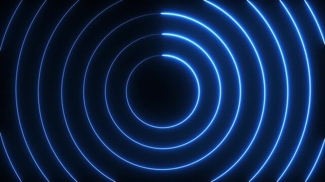 Abstract glowing neon blue circles on black background. Light circle loading icon.