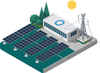 Isometric solar power plant illustration, renewable energy facility with solar panels and grid connection, clean electricity generation, sustainable infrastructure concept