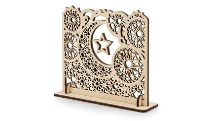 Eid Mubarak Festive Decor Illuminated Crescent Moon with Silhouette Cityscape on Display Base