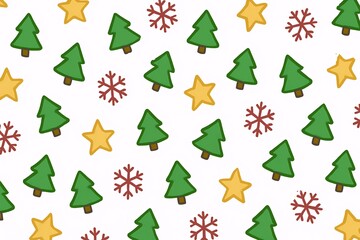 Hand drawn christmas pattern with green trees yellow stars and red snowflakes on white background