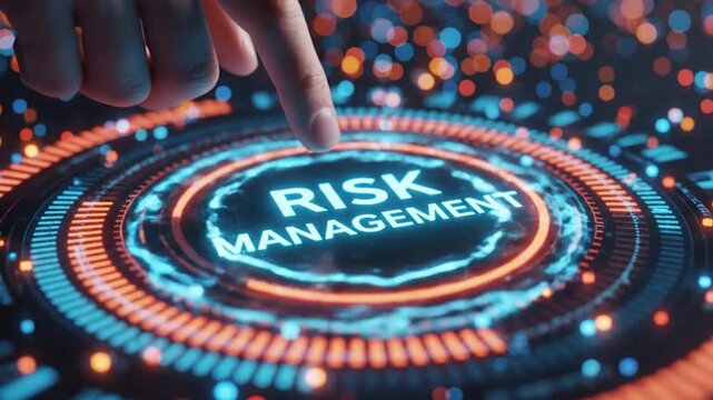A hand interacts with a digital risk management interface displaying glowing blue and orange graphics.