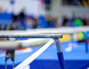Close-up of gymnastic parallel bars, arena in the blurred background