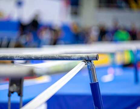 Close-up of gymnastic parallel bars, arena in the blurred background