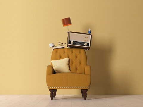 Stacked objects and budgie on retro armchair in colorful living room