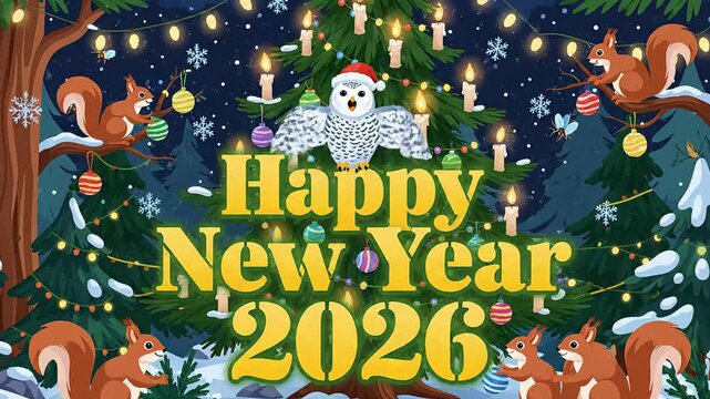 Whimsical winter forest vector illustration happy new year 2026 festive celebration design