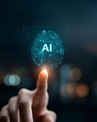 Human finger touching a glowing AI brain icon on a digital interface, symbolizing artificial intelligence and cognitive computing.