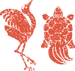 Obraz premium Japanese New Year lucky charm illustration set: Crane and turtle. Traditional monochrome silhouettes for longevity.