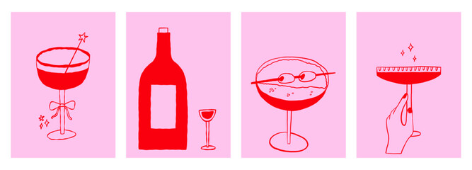 Whimsical Cocktail Martini and Wine Glass with Bow Set. Hand Drawn Doodle Illustration for Wedding and Poster Decor. Vector Drawing