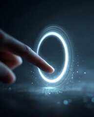 Human finger interacting with a glowing circular progress ring on a digital interface, symbolizing task completion and performance tracking.