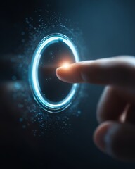 Human finger interacting with a glowing circular progress ring on a digital interface, symbolizing task completion and performance tracking.