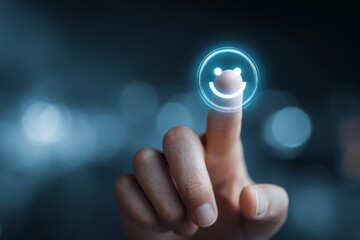 Human finger pressing a glowing happy emotion icon on a digital interface, representing positive user feedback and satisfaction.