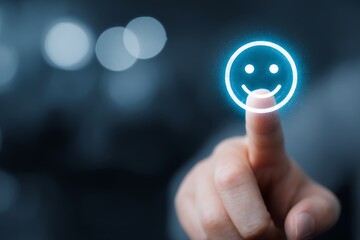 Human finger pressing a glowing happy emotion icon on a digital interface, representing positive user feedback and satisfaction.