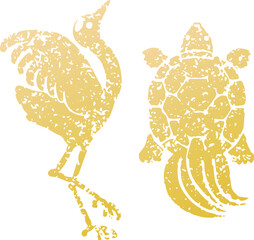 Obraz premium Japanese New Year lucky charm illustration set: Crane and turtle. Traditional monochrome silhouettes for longevity.