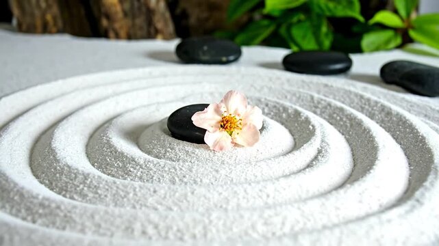 A zen garden with concentric patterns in white sand, small flower on a black stone