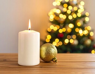 Lit candle next to a golden ornament with a blurred Christmas tree background