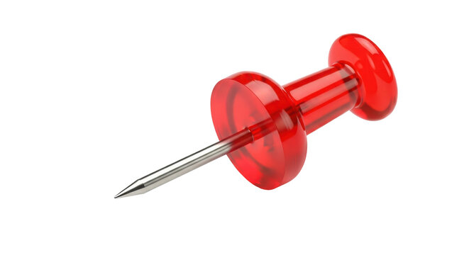 Realistic red push pin with a metallic point on transparent background