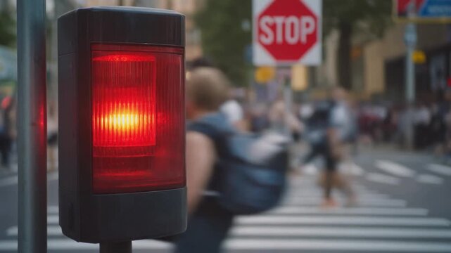 Close-up of a red pedestrian light glowing beside a crosswalk sign, with blurred motion of rushing people ignoring the signal, urban night, 4k.