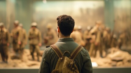 Fototapeta premium A person observes a military exhibit in a museum setting.