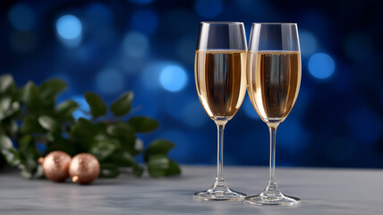 Two elegant champagne flutes gleam under beautiful blue lights, celebrating the new year's joy Generative AI