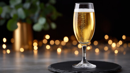 Sparkling champagne stands tall in a glass, surrounded by warm lights creating a festive atmosphere Generative AI