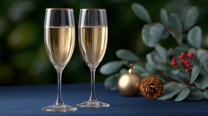 Two elegant champagne flutes await a joyful New Year, surrounded by festive decor Generative AI