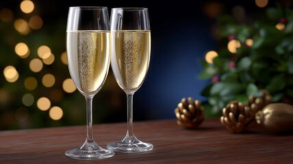 Two elegant glasses of champagne stand ready, surrounded by festive lights and holiday cheer Generative AI