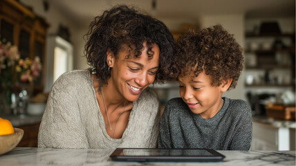 Fototapeta premium A mother and her playful son smile together while using a tablet at their kitchen table Generative AI