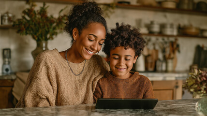 A mother and her young son share laughter as they engage with a tablet in their warm kitchen Generative AI
