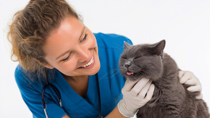 A caring vet gently plays with a happy grey cat, creating a warm atmosphere Generative AI
