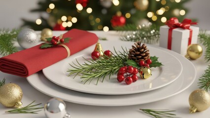 3D Christmas dinner design with White plate