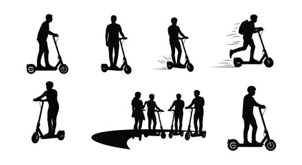 Silhouettes of people riding electric scooters in various poses and groupings © nurjahan