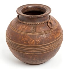 Traditional rustic earthenware storage pot with decorative carved bands and a handle ring
