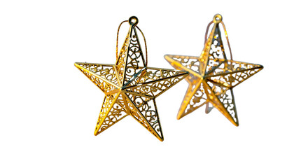 two pristine golden star ornaments, intricately designed with filigree and geometric patterns, reflecting warm light on a transparent background with macro detail. High-end holiday decoration concept 