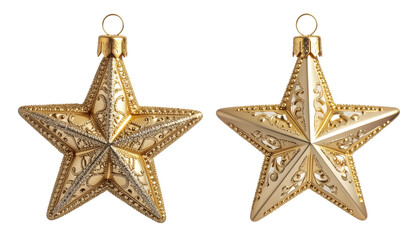two pristine golden star ornaments, intricately designed with filigree and geometric patterns, reflecting warm light on a transparent background with macro detail. High-end holiday decoration concept 