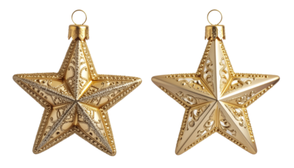 two pristine golden star ornaments, intricately designed with filigree and geometric patterns, reflecting warm light on a transparent background with macro detail. High-end holiday decoration concept 