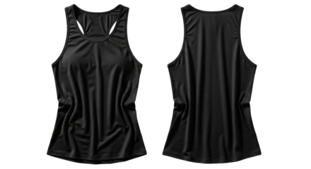 Black sleeveless athletic tank top design front and back view on transparent background