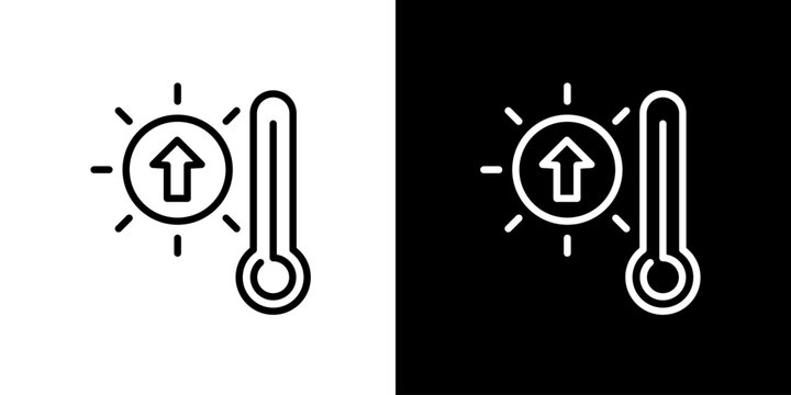 Outline vector icon depicting a thermometer with an upward arrow and sun, symbolizing rising temperatures, heat increase, and the concept of global warming or climate change