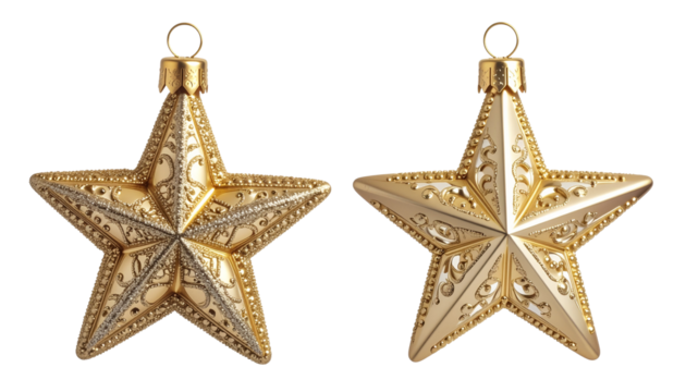 two pristine golden star ornaments, intricately designed with filigree and geometric patterns, reflecting warm light on a transparent background with macro detail. High-end holiday decoration concept  - Powered by Adobe