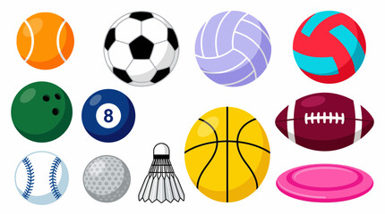 Set of colorful illustrated sports balls and equipment on white background, concept for sports marketing materials, fitness blog graphics and athletic competition promotions