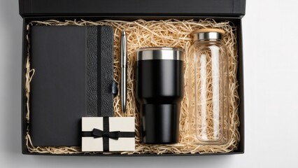 Gift box containing a journal, coffee mug, and bottle, presented with decorative packaging and ribbon