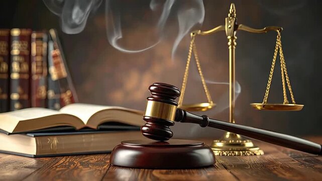 Wooden Gavel and Golden Scales of Justice on a Wooden Table with Books and Smoke Background