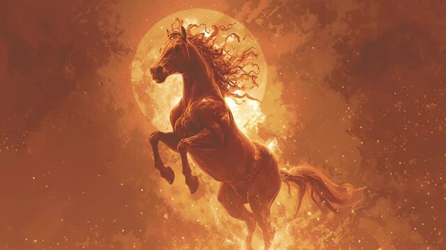 A horse is jumping in the air with a bright orange background. The horse is the main focus of the image. Mythical fire horse rising from warm glowing light, spiritual zodiac aesthetic