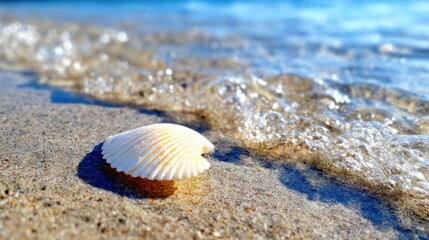 Obraz premium Shell on the shore with waves gently rolling in during sunny weather