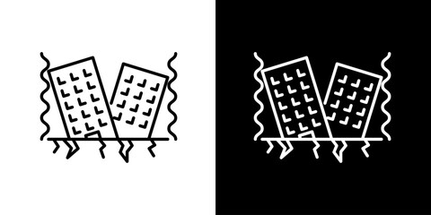 Single icon of conceptual graphic of buildings collapsing due to an earthquake, emphasizing structural damage and seismic activity