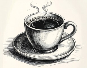 Pen and ink illustration of a cup of coffee on a saucer, with steam rising. The image features detailed crosshatching