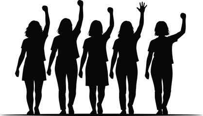 Five women standing in solidarity with raised arms in black silhouette
