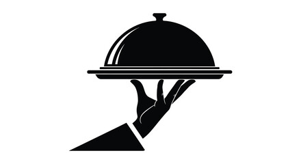 A striking black and white image depicting a hand presenting a covered dish a culinary silhouette © Pvect02