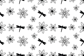 Seamless pattern background with hand drawn flowers and dragonflies