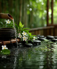 Zen spa scene with a bamboo water spout pouring clear water into a calm pond, smooth black stones, white flowers blooming beside green bamboo leaves, fresh green bokeh background