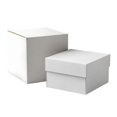 Fototapeta premium Two white, rectangular boxes. One open, with lid on top. Shadowed in a studio style